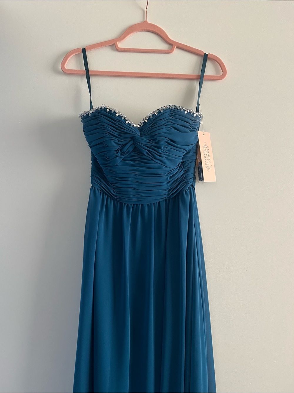 Strapless Teal Ruched Bodice Evening Gown with Crystal Trim - FITS LIKE a US 4
